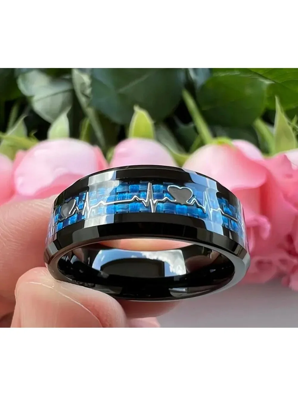 New - Stylish Stainless Steel 8mm Ring with Heartbeat Design - Size 10
